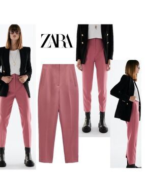 Zara dusty rose pink high waisted slim leg ankle length pants welt pockets Sz L
